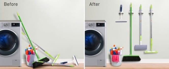 在洗衣間使用無痕™ 掃具收納收納刮刀、掃把與拖把
