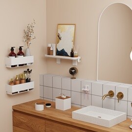 使用無痕置物籃、收納架、牙刷架整理浴室用品