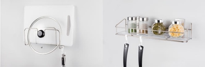 使用無痕廚房掛勾、廚房壁掛置物架、廚房吊掛架、鍋蓋/砧板架、調味品架、J型鉤整齊收納廚房用品
